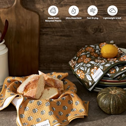 RECYCO Waffle Kitchen Towel Set of 2 - Quick Dry Microfiber Sustainable Dish Towels - Ultra Absorbent Reusable Cleaning Tea Towels - Lightweight Hand Towels,16”x 28”, Amber Flora - color: Amber Flora