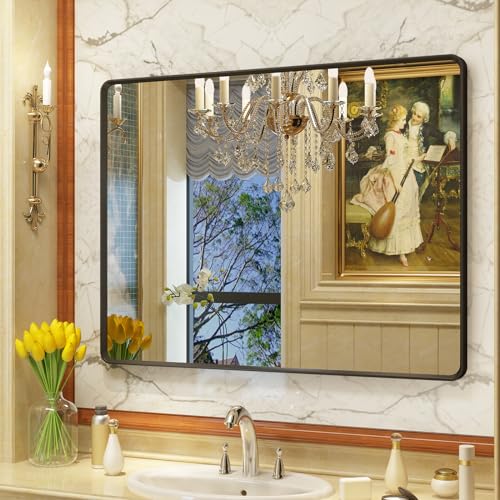 OKPAL 40X30 Inch Black Metal Framed Bathroom Mirror, Matte Black Bathroom Vanity Mirror for Wall, Black Rounded Rectangle Modern Mirror, Anti-Rust, Shatterproof (Horizontal/Vertical) - color: Matte Black, size: 40"L x 30"W