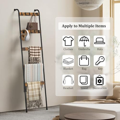 Wall Mounted Blanket Ladder 5-Tier Quilt Ladder, Rustic Brown and Black
