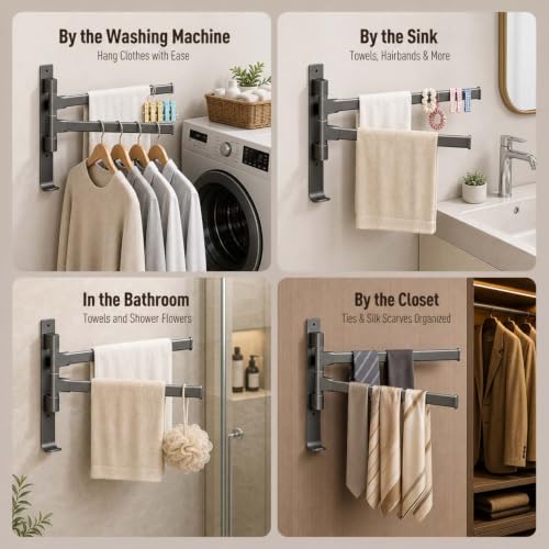 2-5 Arms Swivel Towel Rack Bath Towel Holder with Hook Swing Arm Towel Rack Wall Mount for Bathroom Kitchen-Grey 2Arm - color: Grey, size: 2-arm