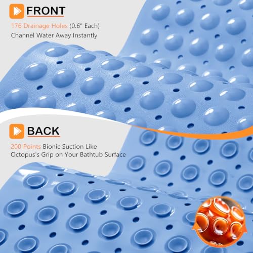 Yimobra Non Slip Bathtub Mat 40 x 16 Inch, Extra Long Shower Mat with Drain Holes, Machine Washable Baby Bath Mats, Strong Suction Cups for Bathroom Floor, Blue - color: Blue