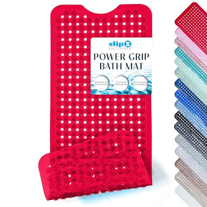 SlipX Solutions 39"x16" Power Grip Non Slip Bathtub Shower Mat, Red | Stronger Wet Surface Protection, Soft Under Foot, 265+ Suction Cups, Large Drainage Holes - color: Clear Red
