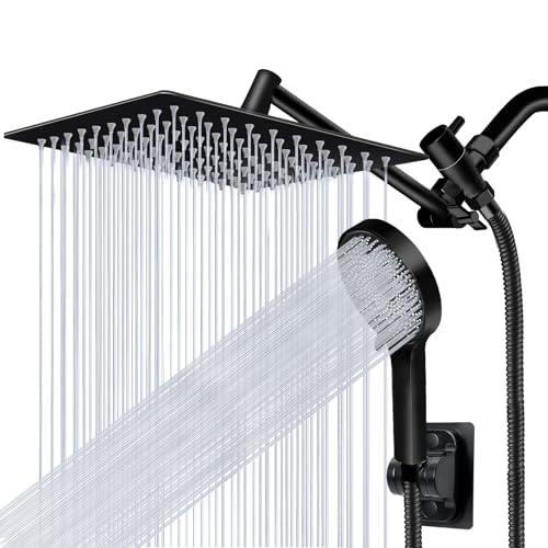Shower Head,10”Rain Shower Head with Handheld Spray Combo with 11'' Angle Adjustable Extension Arm/Flow Regulator/Shower System,High Pressure Rainfall Shower Head Clean Bathroom,Matt Black - color: Black, size: 10 Inch