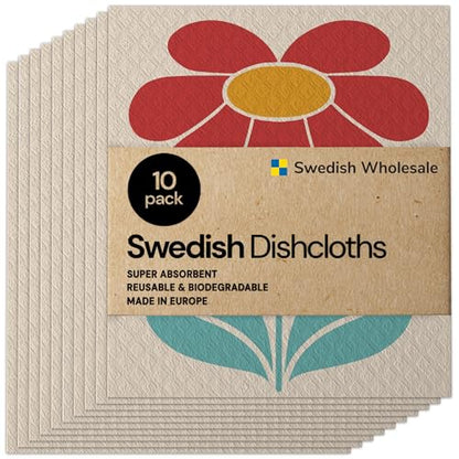 Swedish Wholesale Dishcloths Reusable 8" x 7" Sponge Cloths, Bulk 10 Pack of High Absorbent Cellulose Dish & Kitchen Cleaning Hand Towels, Wring to Dry & Machine Wash, Odor Resistant, Red Flower - color: Red Flower