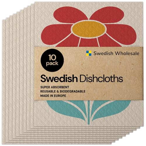 Swedish Wholesale Dishcloths Reusable 8" x 7" Sponge Cloths, Bulk 10 Pack of High Absorbent Cellulose Dish & Kitchen Cleaning Hand Towels, Wring to Dry & Machine Wash, Odor Resistant, Red Flower - color: Red Flower