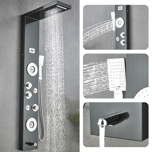 55 in. 6-Jet Stainless Steel Matte Black Shower Panel System w/Fixed LED Rainfall & Waterfall Showerhead, Temp Display, Tub Spout & Handheld Luxury Wall Mount Bathroom Tower