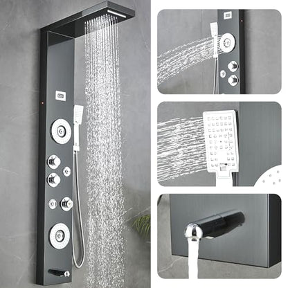 55 in. 6-Jet Stainless Steel Matte Black Shower Panel System w/Fixed LED Rainfall & Waterfall Showerhead, Temp Display, Tub Spout & Handheld Luxury Wall Mount Bathroom Tower