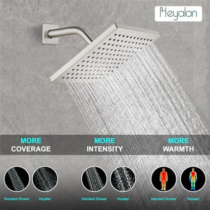 Heyalan 8-Inch Shower Faucet Set with Tub Spout and Valve,Brushed Nickel | 8-inch square rainfall head, tub spout with diverter, male-thread rough-in valve, single-handle control and wall-mount design - color: Brushed Nickel, size: 8 Inch Square Shower He