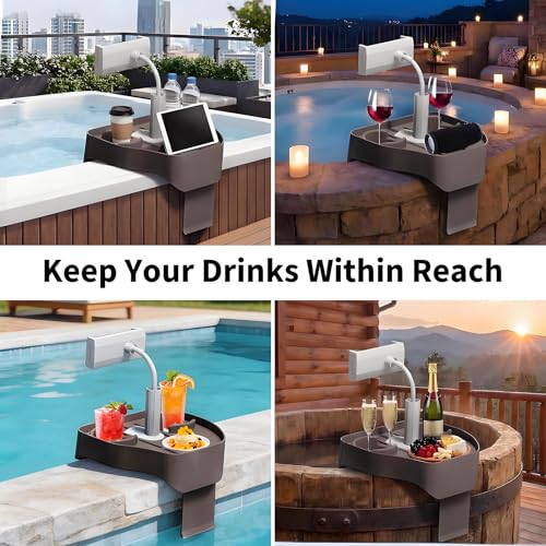 Takywep Adjustable Hot Tub Tray with Phone Holder, 10.6" Plastic Bathtub Drink Caddy with Cup Holders, Spa Table Hot Tub Accessories for Pool Outdoor Patio Relaxation - Cinnamon