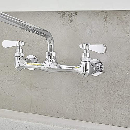 Wall Mount Kitchen Faucet with 12 Inch Swivel Spout, Chrome | Lead-Free Brass,Dual Handle Hot/Cold,8" Center,3 Compartment Commercial Faucet for Kitchen Laundry Room Restaurant - size: 12 Inch