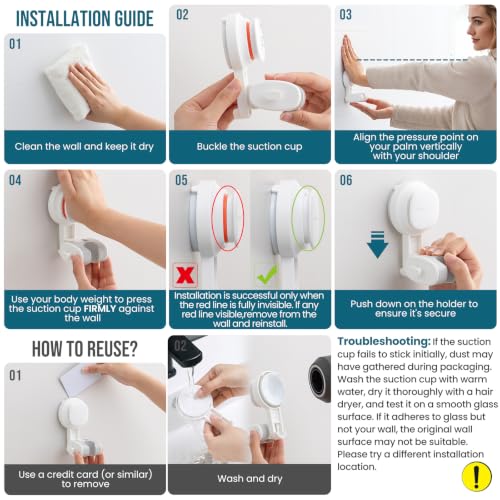 TAILI Shower Head Holder Suction,Visible Safety,with Hooks,White | height angle adjustable,handheld shower wand bracket,no-drill removable waterproof,plastic,wall mounted,universal,kids,pets - color: White& Red, size: Round