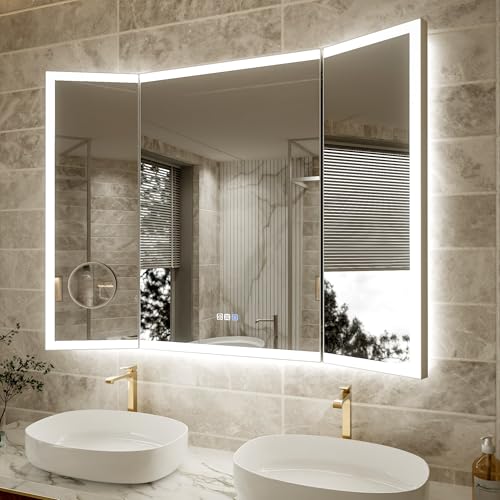 48x36 Wall-Mount Lighting Trifold Bathroom Mirror with Removable Magnifier | Removable Magnifier,180° Rotational Mirror,Front-lit,Backlit,Stepless Dimming,Color Temper Change,Anti-fog,Memory Lighting - size: 36"L x 48"W