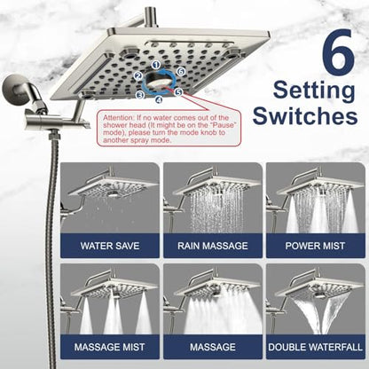 ELLO&ALLO Rain Shower Head with Handheld Spray, Rainfall Shower Head Combo with 60" Hose, Dual Showerhead Set with Adjustable Shower Extension Arm, Brushed Nickel