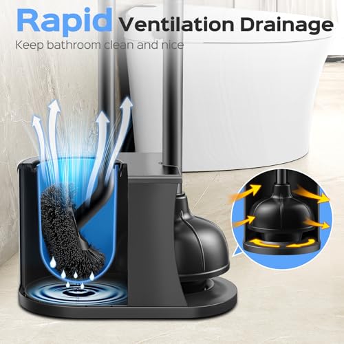 HAMITOR Toilet Plunger and Brush Set: 2 in 1 Stainless Steel Combo with Curved Bristles - Heavy Duty Toilet Unclogging for Family Bathroom - Compact Hideaway Apartment Cleaning Accessories - Black - color: Black