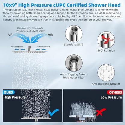 Hibbent All Metal 10'' Rain Shower Head with 16'' Extension Arm, Chrome | cUPC Certified High Pressure Rainfall Showerhead with Solid Brass Adjustable Shower Head Extension Arm, Fixed Showerheads - color: Chrome, style: Square 10''