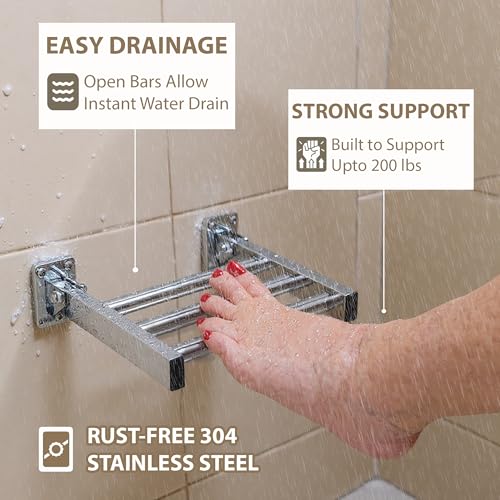Shower Foot Rest and Shaving Pedestal - Wall Mount Folding Shower Ledge/Elevate Foot for Comfort/Safely Shave Legs and Wash Feet/Supports 200 lbs/ 304 Stainless/Polished Chrome/ 9”x 8” - color: Polished Chrome