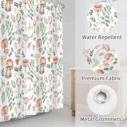 Mushroom and Fern Leaves Shower Curtain, Waterproof Fabric Cute Plant Botanical Bathroom Shower Curtain, 72 x 72 Inch - color: White Mushroom, size: 72"W x 72"L (Pack of 1)