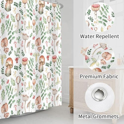 Mushroom and Fern Leaves Shower Curtain, Waterproof Fabric Cute Plant Botanical Bathroom Shower Curtain, 72 x 72 Inch - color: White Mushroom, size: 72"W x 72"L (Pack of 1)