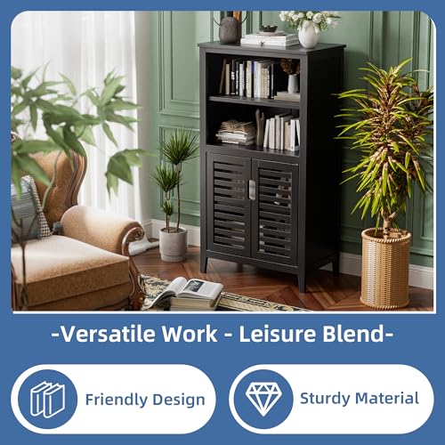 HITNET Black Bathroom Storage Cabinet, Freestanding Bamboo Floor Cabinet 5 Tier Tall Kitchen Cupboard with Door and Removable Shelves - color: Black