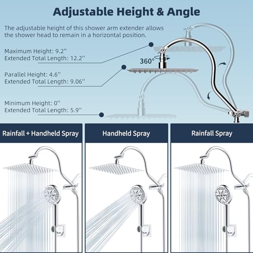 Hibbent All Metal CUPC Certified Shower Head, 8'' High Pressure Rainfall Shower Head, Handheld Showerhead Combo, 12'' Adjustable Extension Arm, 10 Sprays, 71'' Shower Hose, Showerhead Holder, Chrome - color: Chrome, style: Square 8''