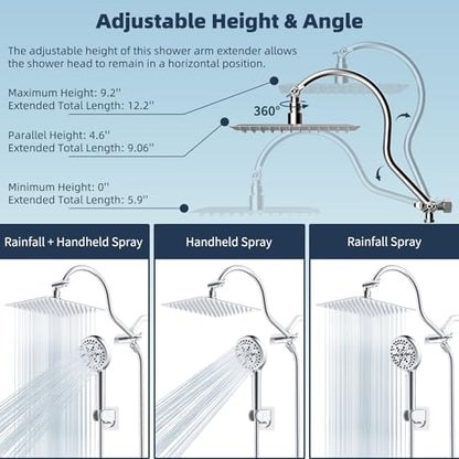 Hibbent All Metal CUPC Certified Shower Head, 8'' High Pressure Rainfall Shower Head, Handheld Showerhead Combo, 12'' Adjustable Extension Arm, 10 Sprays, 71'' Shower Hose, Showerhead Holder, Chrome - color: Chrome, style: Square 8''