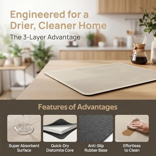 Absorbent & Non-Slip Geometric Rubber-Diatomite Drying Mat - Durable, Quick-Dry Kitchen and Bathroom Countertop Pad for Coffee Machines, and Essentials, Kitchen Countertop Placemat,15.6*19.5In