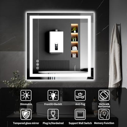 30"x30" LED Bathroom Mirror with Lights, Dimmable，Anti-Fog，Bathroom Vanity Mirror for Wall, Backlit + Front Lit, Memory Function, Shatter-Proof，Tempered Glass - size: 31"L x 31"W
