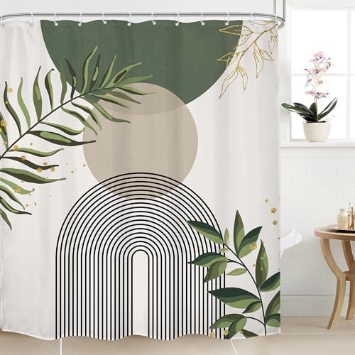 Sage Green Boho Abstract Gold Leav Leaves Bathroom Shower Curtain Set | 72"W x 78"L. waterproof HD print, quick-dry fabric and free hooks for easy setup. - color: A-01green, size: 72"W x 78"L (Pack of 1)