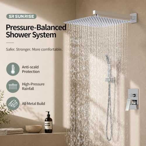 SR SUN RISE Polished Chrome Square Rainfall Shower Head and Handle Set, Wall Mounted Shower Fixtures, Metal Shower Faucet Trim Repair Kits (With Shower Valve) 16 Inches - color: Polished Chrome, size: 16 Inch