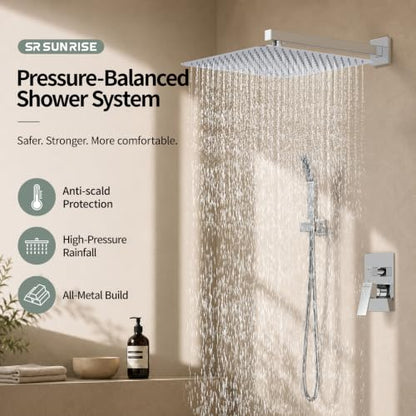 SR SUN RISE Polished Chrome Square Rainfall Shower Head and Handle Set, Wall Mounted Shower Fixtures, Metal Shower Faucet Trim Repair Kits (With Shower Valve) 16 Inches - color: Polished Chrome, size: 16 Inch