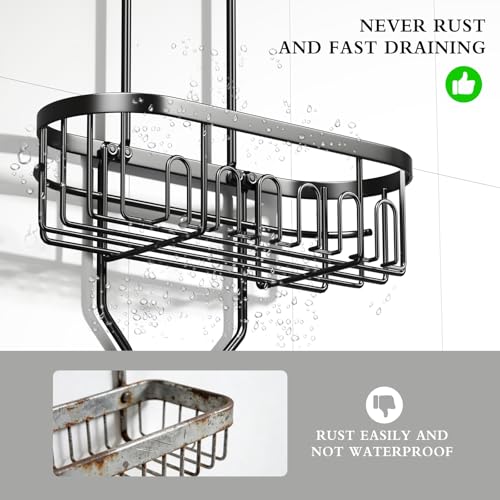 CICUFY Shower Caddy Hanging, Rustproof Bathroom Shower Organizer Hanging, No Drilling Over the Shower Head Caddy with Hooks for Razor, Shower Shampoo Holder with Soap Basket, Black