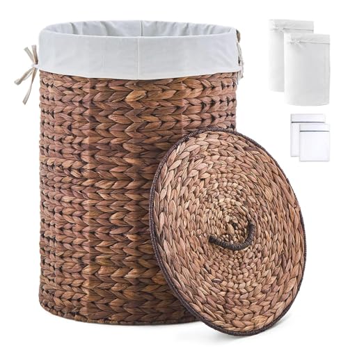 Round Water Hyacinth Laundry Hamper with Lid Handwoven Wicker Basket with Handles for Dirty Clothes, Storage, and Organization Ideal for Bedroom, Bathroom, and Laundry Room, No Assembly Required, 90L - color: Espresso, size: 90L
