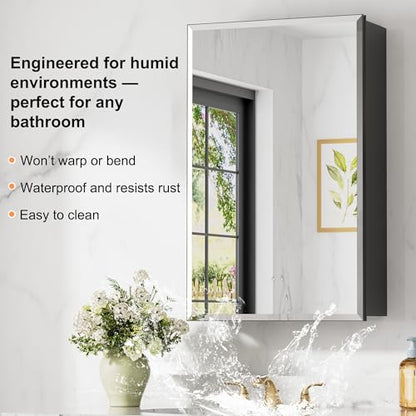 20x28 Inch Medicine Cabinet with Mirror, Aluminum Medicine Cabinet, Black | Tempered Beveled Edge Mirror Single Door, Adjustable Glass Shelves, Surface or Recessed Mount Bathroom Mirrors with Storage - size: 20 in. x 28 in.