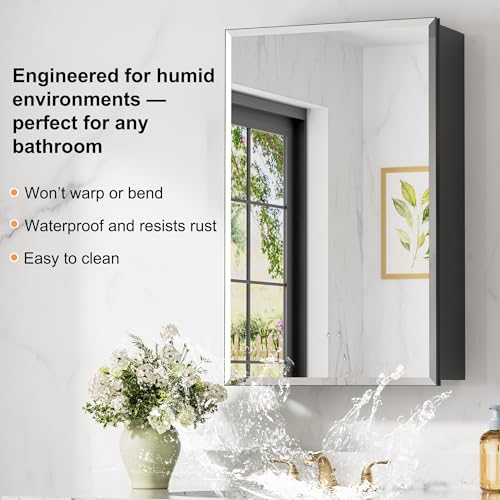 16x24 Inch Medicine Cabinet with Mirror, Aluminum Medicine Cabinet, Black | Tempered Beveled Edge Mirror Single Door, Adjustable Glass Shelves, Surface or Recessed Mount Bathroom Mirrors with Storage - size: 16 in. x 24 in.