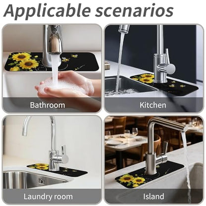 Kitchen Sink Splash Guard，sunflowers-and bees- Faucet Mat Sink Gadgets-Super Absorbent Fast Drying Mat Drip Catcher for Kitchen, Bathroom,Sink Mat, Dish Drying Mat, Bathroom(15" X 5.5" ) - color: sunflowers-and bees-