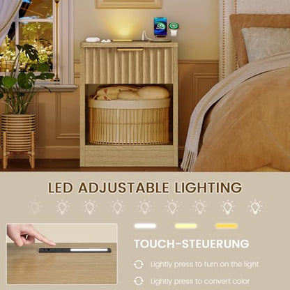 Fluted Nightstands Set of 2, Bed Side Table with Charging Station and LED Light, Night Stand with Storage Drawer and Open Shelf, End Table for Small Space, Bedroom, Natural - color: Unbzx025rd2-zf