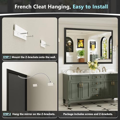 55x30 Inch Black Bathroom Mirror for Wall, Beveled Framed Rectangle Bathroom Vanity Mirrors for Over Sink, Bedroom, Living Room, Entryway, Anti-Rust, HD Tempered Glass, Horizontally/Vertically - size: 55"L x 30"W