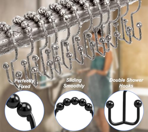 Shower Curtain Hooks Rings Set of 12, Stainless Steel Rust-Resistant Metal Double Glide Shower Curtain Hooks for Bathroom Shower Rods, Smooth Roller Balls, Matte Nickel