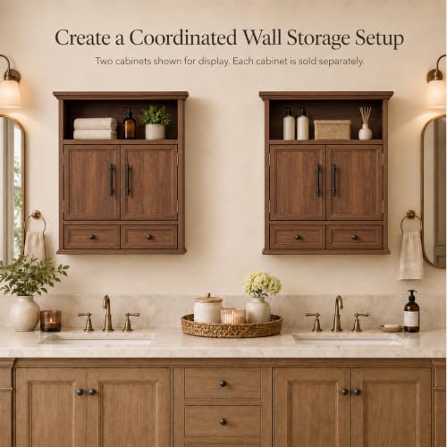 24" Wall Mounted Bathroom Storage Cabinet with Adjustable Shelf, Open Shelf, Double Doors and Full-Width Drawer, Farmhouse Floating Cabinet for Over Toilet,Walnut