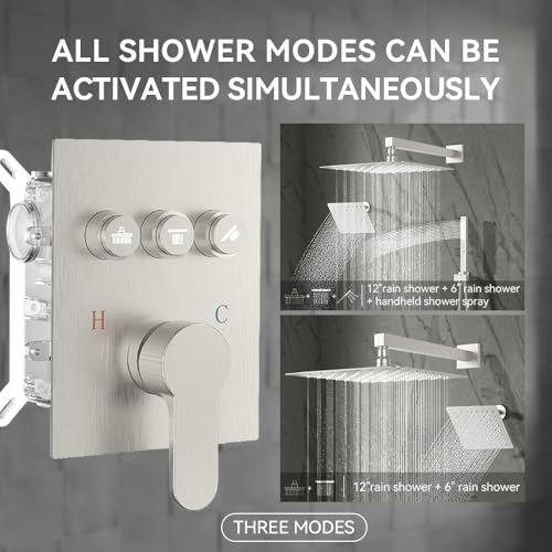 Shower Faucet Set, Wall Mount 12" Rain Shower System with Handheld and 6" Rainfall Shower Head, Can Use 2 Modes Together for Two People, 3 Way Shower Valve with 5 Diverter Complete,Brushed Nickel - color: Brushed Nickel, size: 6+12 inch-09