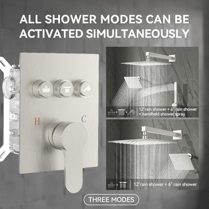 Shower Faucet Set, Wall Mount 12" Rain Shower System with Handheld and 6" Rainfall Shower Head, Can Use 2 Modes Together for Two People, 3 Way Shower Valve with 5 Diverter Complete,Brushed Nickel - color: Brushed Nickel, size: 6+12 inch-09