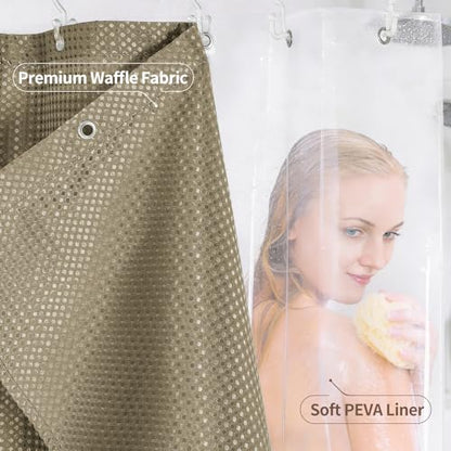 QiyI 3 in 1 Waffle Shower Curtain Set with Liner, Beige, 72 x 72 | Shower Curtain and Liner Set with Hooks, Waterproof Bathroom Curtain with PEVA Liner & 12 Double Sided Clear Plastic Rings - color: Beige, size: 72"W x 72"L (Pack of 1)