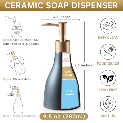 Gold Dispenser Bottle for Bathroom Countertop, Ceramic Black Dish Soap Dispenser for Kitchen Sink Soap Pump Lotion, Modern Hand Soap Dispenser with Gold Pump for Liquid Laundry Shower 280ml - color: Black