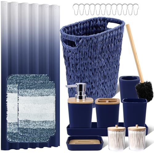 XLHOMO Navy Blue Bathroom Accessories Set with Wicker Trash Can Shower Curtain and Rugs,Bathroom Sets Small Waste Basket Bathroom Trash Can for Bedroom Bathroom - size: Wicker Bathroom Set+Shower Curtain+Bath Rugs, style: Navy Blue