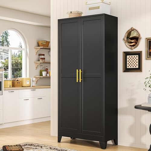 PAOFIN 71" Tall Metal Pantry Storage Cabinet with Doors and 4 Adjustable Shelves, Black Kitchen Food Pantry Cabinets, Tall Freestanding Cupboard for Kitchen, Dining Room or Living Room, Black - color: Black, size: 71"-4 Adjustable shelves