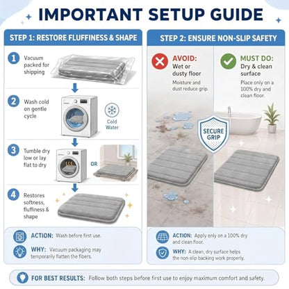 2 Piece Memory Foam Bath Mat Set, Extra Soft Absorbent Bathroom Rugs with U-Shaped Toilet Rug, Non-Slip Backing, Machine Washable, 24x16 + 20x20 U-Shaped, Gray - color: Grey
