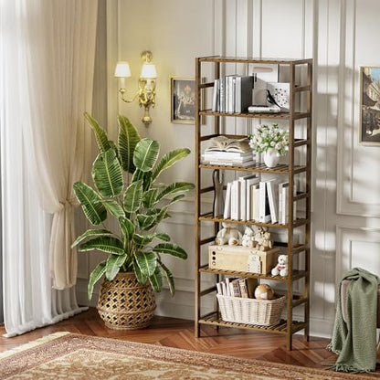 HITNET Bookcase, Bamboo Bookshelf, 6-Tier Adjustable Tall Open Book Shelf, Free Standing Storage Shelves Organizer, Flower Plant Display Stand, Walnut - color: Walnut