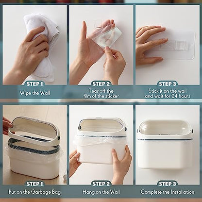 Bokon 2 Pack Mini Trash Can with Lid, 0.5 Gal Small Wall Mounted Trash Bin for Bathroom Vanity, Desk, Countertop, Cabinet Door and Office, Includes 120 Trashbags, White