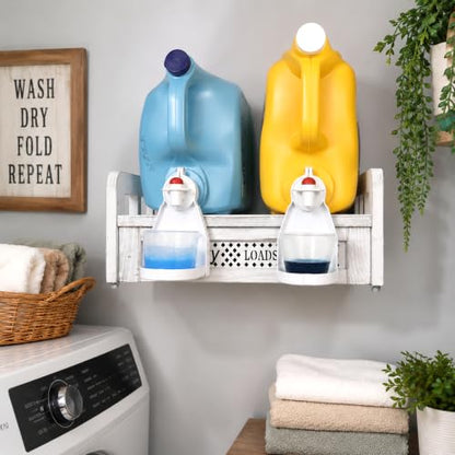 Wooden Wall Mount Laundry Detergent Holder, Rustic White | Farmhouse Wooden Organizer, Holds 2 Detergent or Softener Bottles, Laundry Room Storage - color: Rustic White