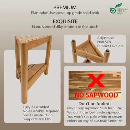 Asta Select Solid Teak Corner Shower Stool, Poratble Teak Wood Spa/Shower/Indoor/Outdoor Stool with Storage Shelf, Teak Wood Shower Corner Table, Teak Accent Table, Fully Assembled, ST-51